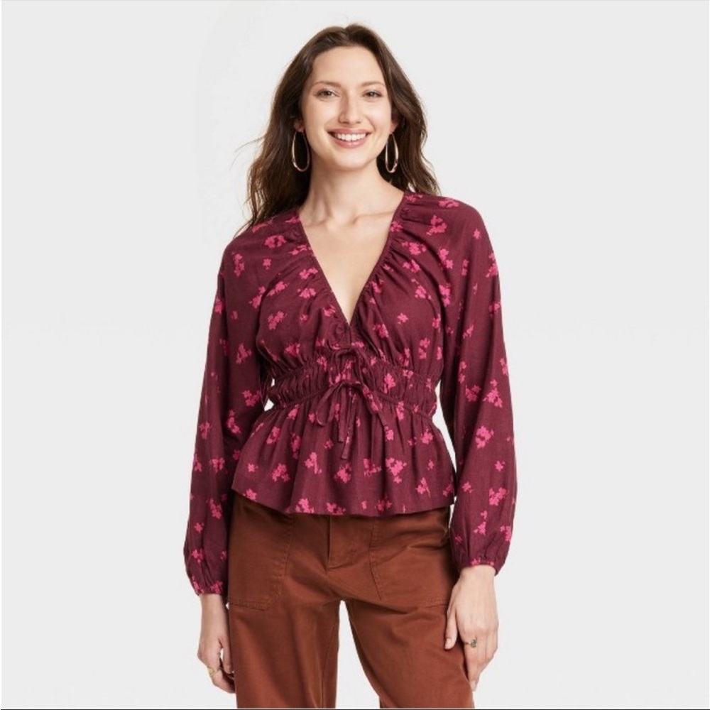 Linen Blend Burgundy Floral Plunge Long Sleeve Smocked Top size XL